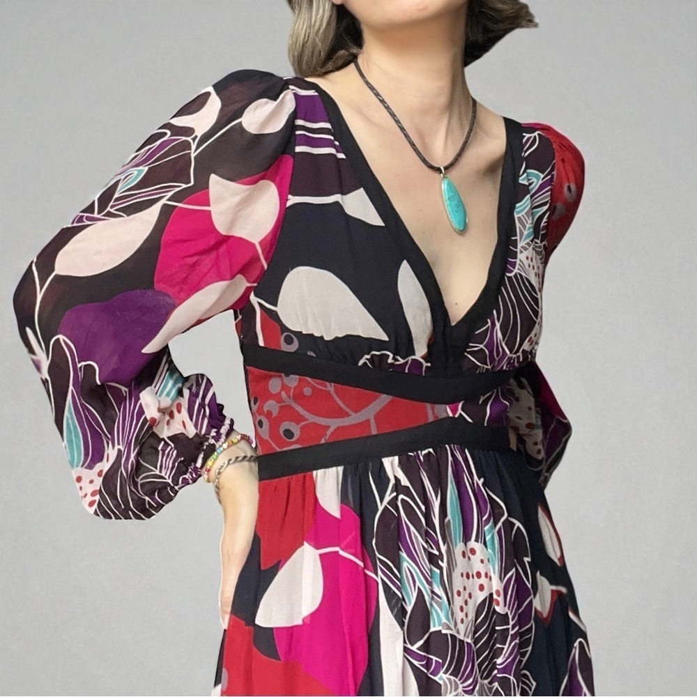 Anthropologie Let Me Be Floral Midi Dress Floral Chiffon Deep V XS Whimsical